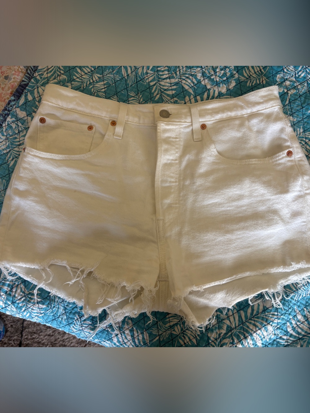 Levi's White Distressed Raw Hem Denim Shorts